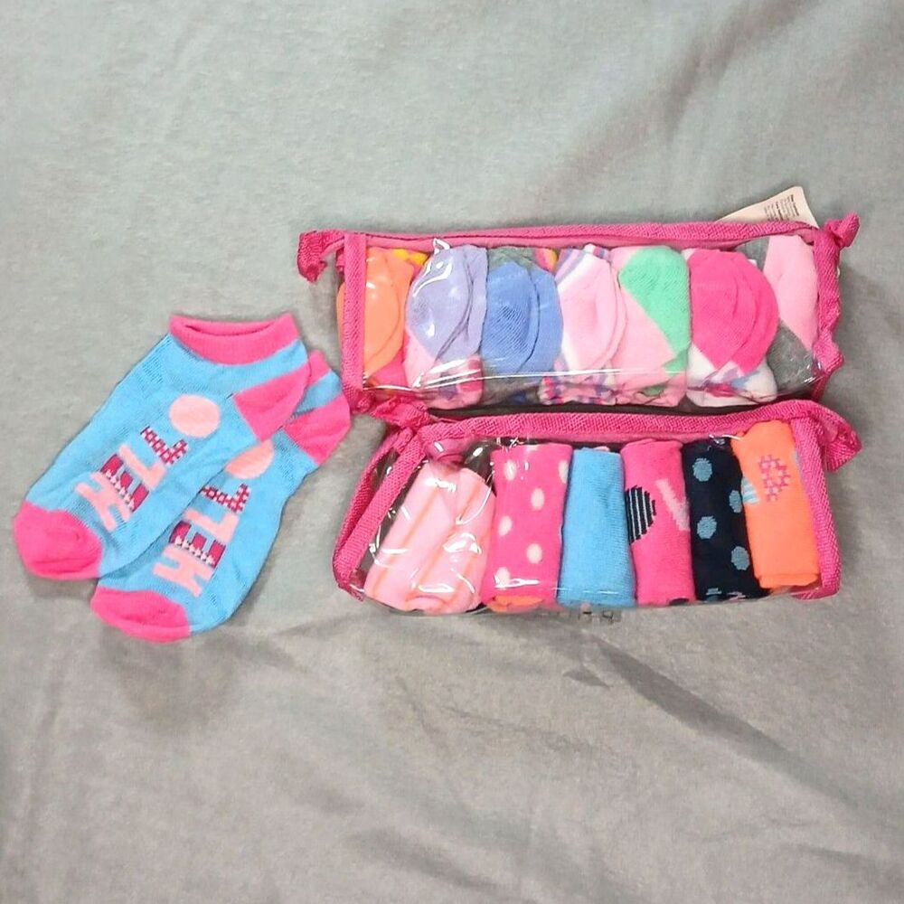 14 pr Low Cut No Show Socks w/ Storage Bag Random Multicolor NWT Girls sz: 7-3